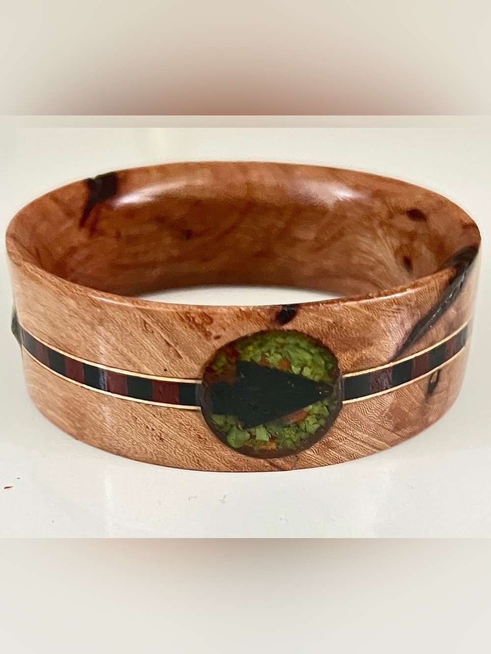 Artisan Handmade 3" Burl Wood Inlay Statement Cuff - Obsidian & Fossil